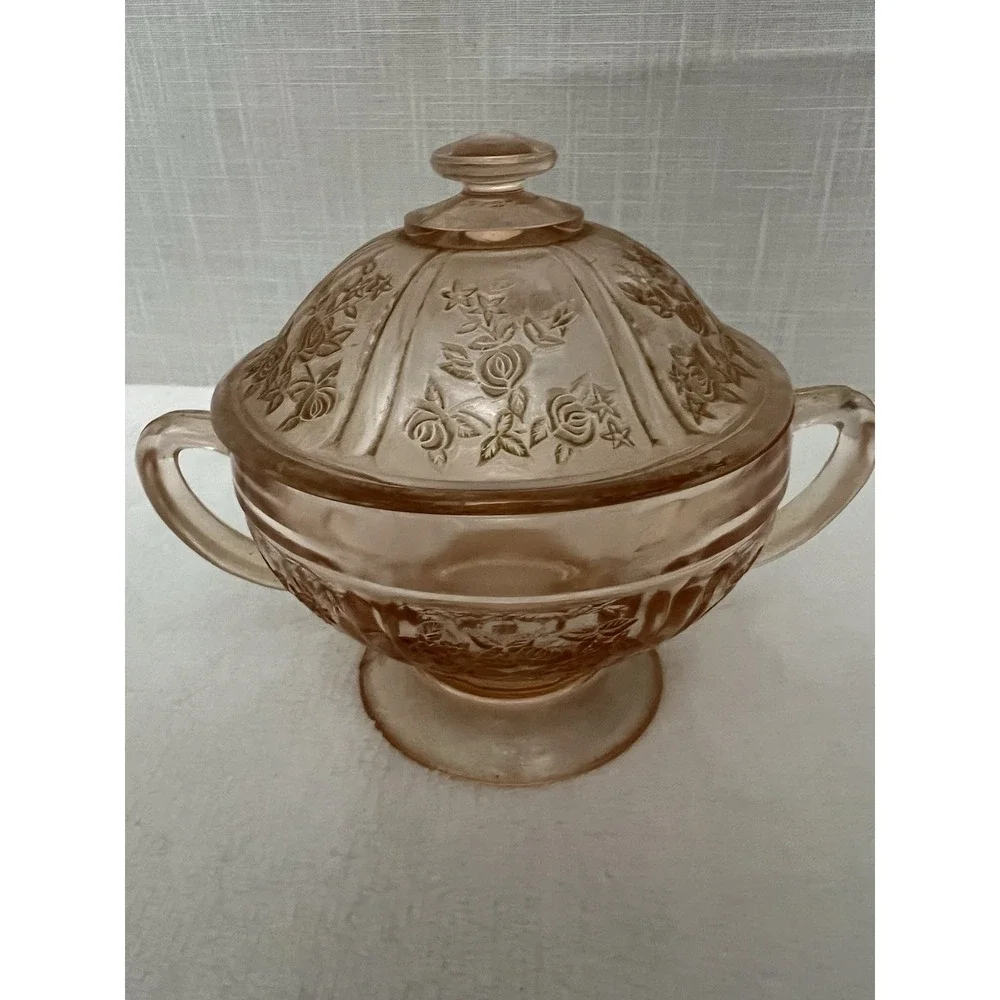 Federal Glass Sharon Cabbage Rose Sugar Bowl Lidded Pink Depression Glass